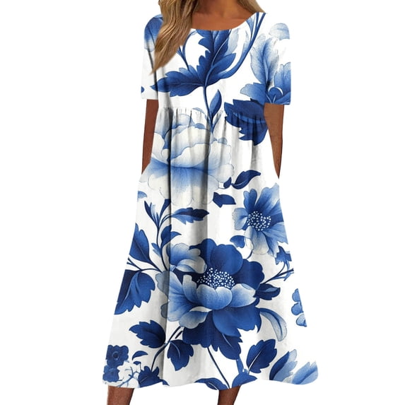 LNWUY Women's Summer Casual Short Sleeve Crew Neck Midi Dresses Spring Flowy A-line Folding Floral Printed T Shirts Boho Beach Dress Multicolor XL