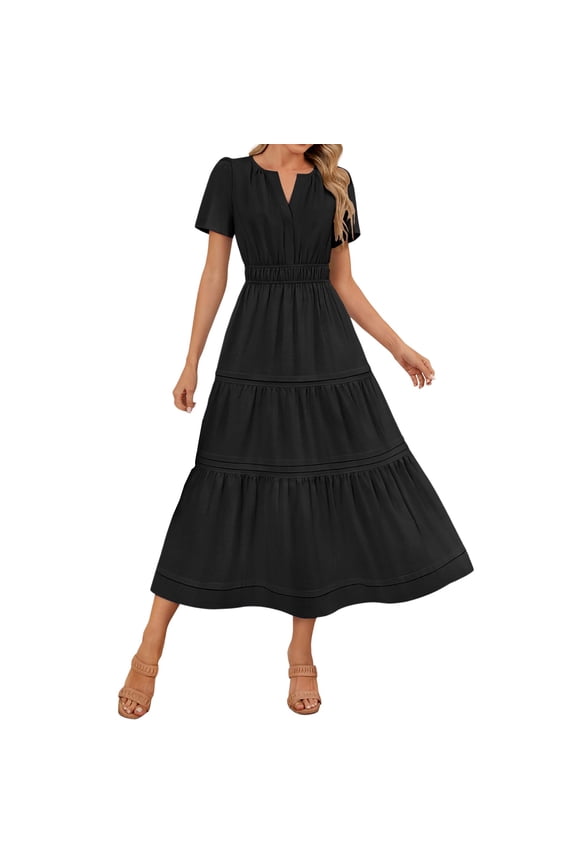 Women's Summer Floral Boho Maxi Dress Wrap Short Sleeve V Neck Ruffle A-Line Flowy Wedding Guest Long Dresses Black L