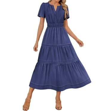 LNWUY Women's Summer Floral Boho Maxi Dress Wrap Short Sleeve V Neck Ruffle A-Line Flowy Wedding Guest Long Dresses Blue L