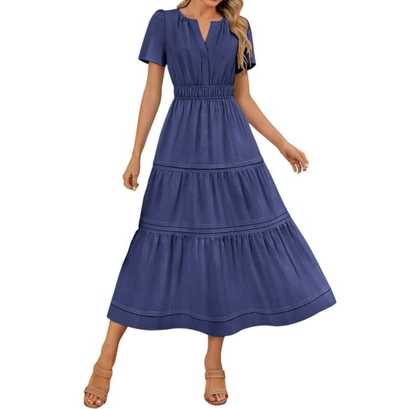 LNWUY Women's Summer Floral Boho Maxi Dress Wrap Short Sleeve V Neck Ruffle A-Line Flowy Wedding Guest Long Dresses Blue XL