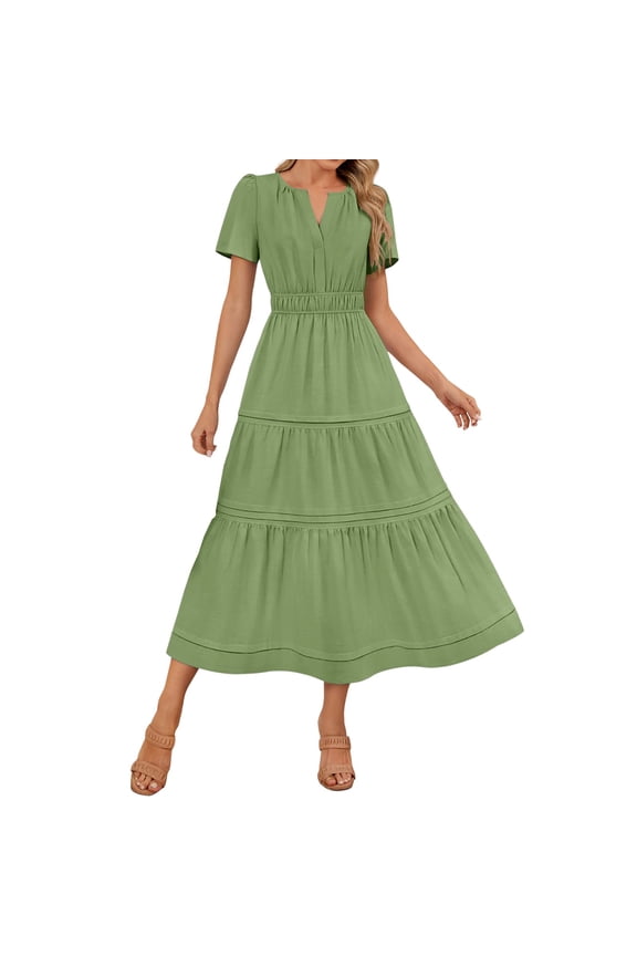 Women's Summer Floral Boho Maxi Dress Wrap Short Sleeve V Neck Ruffle A-Line Flowy Wedding Guest Long Dresses Green S