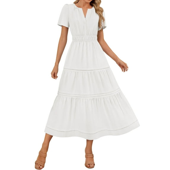 LNWUY Women's Summer Floral Boho Maxi Dress Wrap Short Sleeve V Neck Ruffle A-Line Flowy Wedding Guest Long Dresses White L