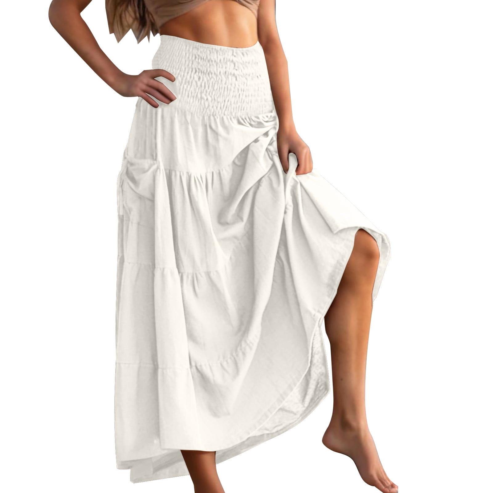 Women's Blue and White Striped Cotton Boho Tiered Maxi Skirt for Summer
