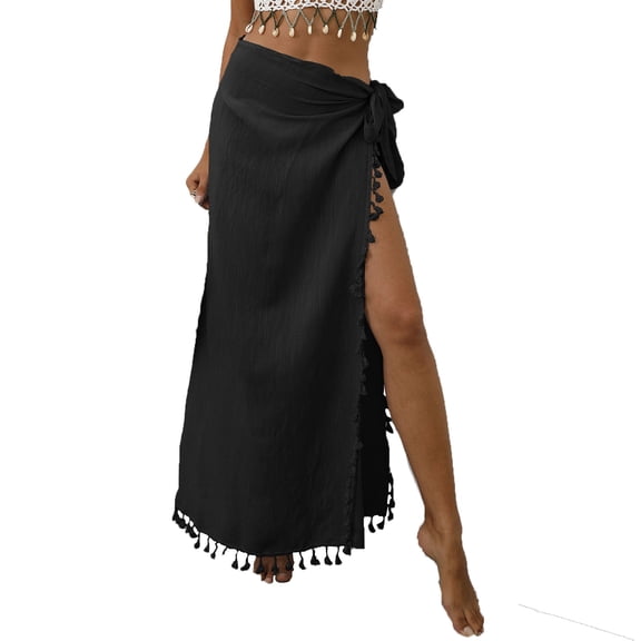 LNWUY Women's Tassels Trim Sarong Bathing Suit Boho Sheer Vacation Beach Wrap Skirts Bikini Swimsuit Cover Ups for Swimwear Black Free Size