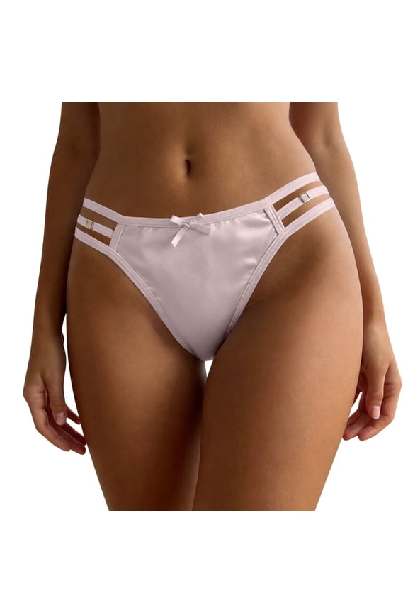 Women's Triple Strappy Thong Bikini Bottoms Full Coverage Mid Waist Comfortable Breathable Underwear Briefs Pink S
