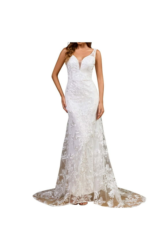 Women's Tulle Lace Beach Wedding Dresses Chiffon Bohemian Bridal Wedding Gown Slim Wrap Hip Small Tail Hanging Party Dress White M