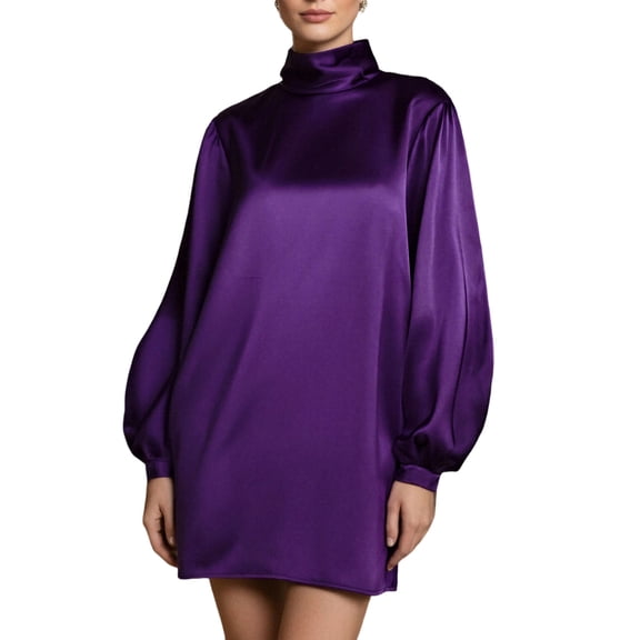 LNWUY Women's Turtleneck Elegant Satin Mini Dress Loose Lantern Sleeve Ladies Plus Size Cocktail Party Dresses Purple XXL