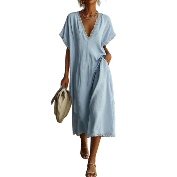 LNWUY Women's V Neck Linen Maxi Dress with Lace Trim Short Sleeve Solid Color Loose Pocket Long Dress Summer Casual Beach Dress Blue XXXL