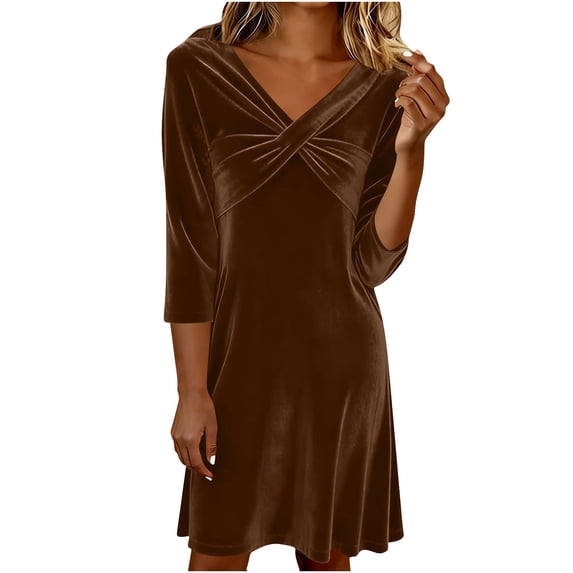 LNWUY Women's V-Neck Twist Front Velvet Dress Long Sleeve Casual Midi Fall Winter Elegant Dress Solid Color Daily Wear Brown M