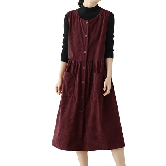 LNWUY Women's Vintage Corduroy Dress Casual Sleeveless Button Down Loose Pinafore Midi Dresses with Pockets Red M