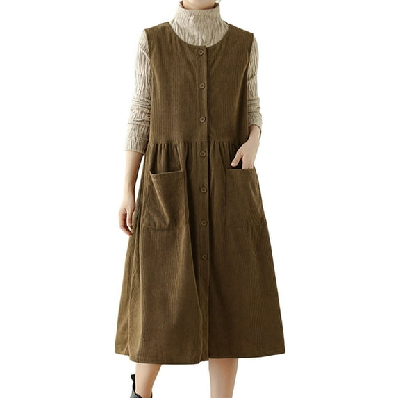 LNWUY Women's Vintage Corduroy Dress Casual Sleeveless Button Down Loose Pinafore Midi Dresses with Pockets Yellow XXL