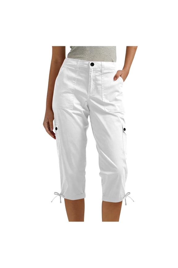 Womens Cargo Capri Pants Hiking Travel Cargo Capri Pants Drawstring Hem Capris Spring Summer Trousers with Pockets White S