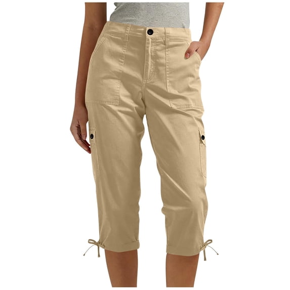 LNWUY Womens Cargo Capri Pants Hiking Travel Cargo Capri Pants Drawstring Hem Capris Spring Summer Trousers with Pockets Yellow M