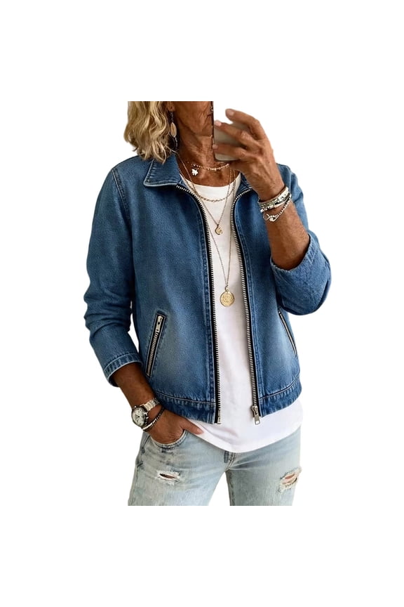 Womens Cropped Stretch Jean Jacket Collared Zip Up Pullover Sweatshirt Fall Winter Lightweight Denim Cardigan with Zipper Pockets Blue XXL