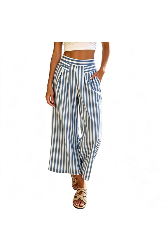 Womens Culottes Casual Loose Striped Wide Leg Lounge Pants Elastic Waist Lightweight Breathable Trousers with Pockets Blue M