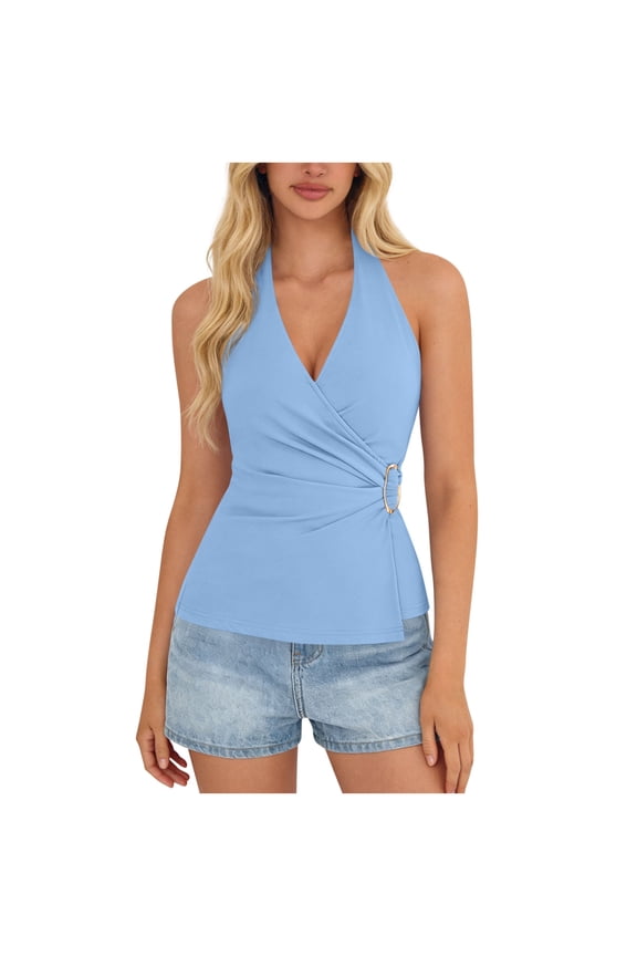 Womens Halter Top Fashion Spring Tie Wrap Sleeveless Ruched V Neck Fitted Summer Tops Backless Trendy Clothes Blue XXL