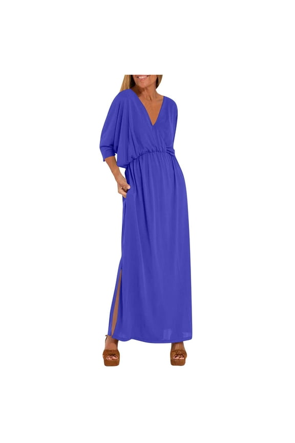 Womens Long Loose Comfortable Breathable Short Sleeve Slit Wrap V-Neck Gowns Maxi Dress Blue L