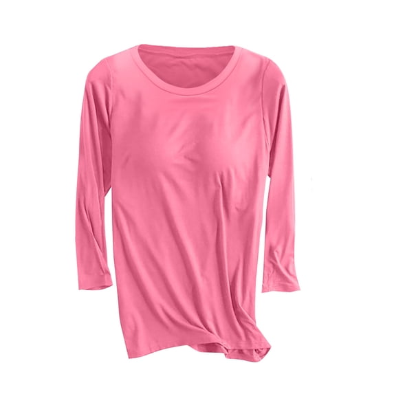 LNWUY Womens Long Sleeve Shirts with Built in Bra Crewneck Slim Fit Basic Tee Tops Casual T-Shirt Base Layer Undershirts Pink S