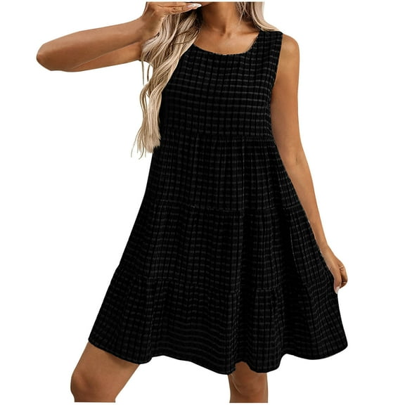LNWUY Womens Loose Sleeveless Plaid A-line Dresses Shoulder Straps Ruffle Hem Casual Mini Dress with Side Pocket Black S