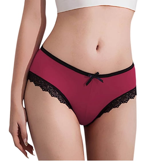 LNWUY Womens Low Waist Lace Trim Underwear, Cute Bow Breathable Full Coverage Soft Panties Red M