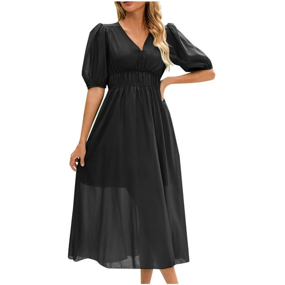 LNWUY Womens Short Sleeve Maxi Dress 2025 Spring Trendy Elegant V Neck Flowy Wedding Guest Holiday Formal Long Dresses Black M