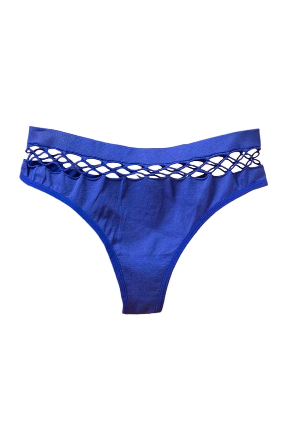 Womens Solid Color Hollow High Waisted Panties, Breathable Cheeky Lingerie Underwear Briefs Blue L