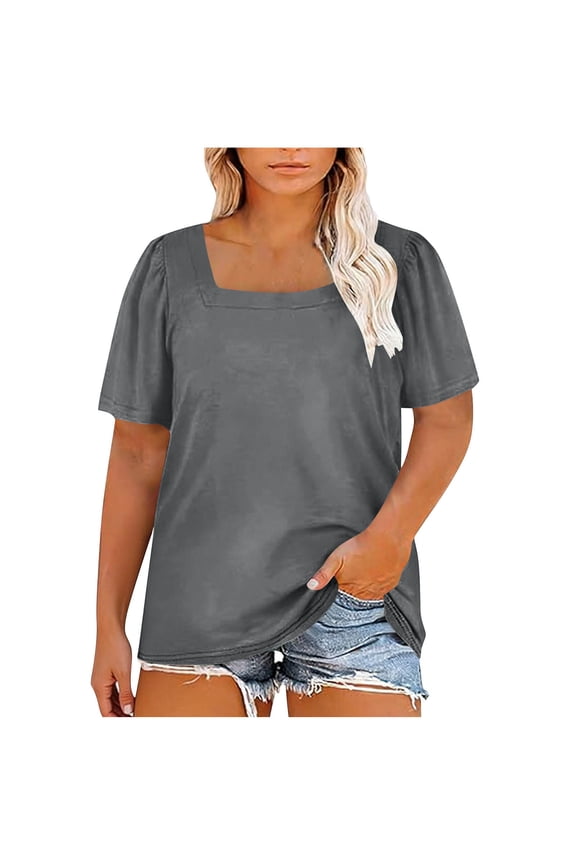 Womens Solid Color Spring and Summer Plus Size Tops Square Neck Puff Short Sleeve Casual Loose Shirts Breathable Comfort Gray XXXXXL