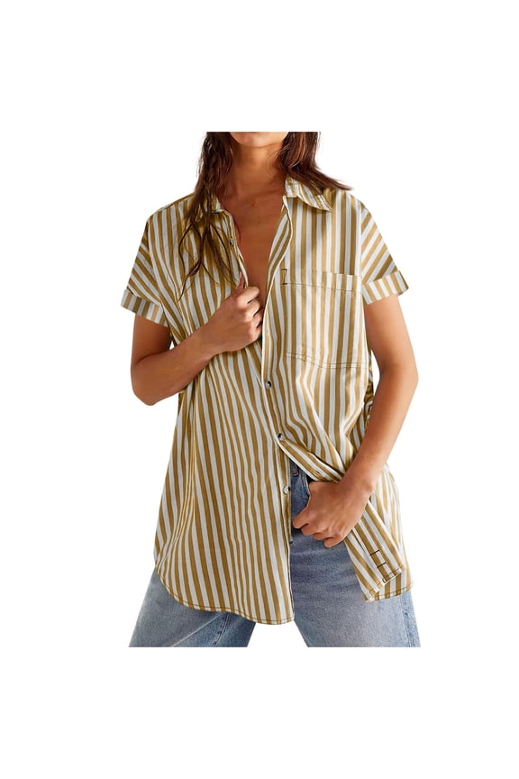 Womens Striped Shirt Dressy Casual Lapel Collar Long Sleeve Oversized Button Down Blouse Beach Top with Pocket Yellow S