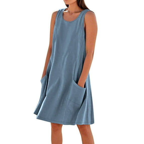 LNWUY Womens Summer Cotton Linen Dresses Sleeveless V Neck Mini Dress Sundress Athletic Short Dress with Pockets Blue XXXL