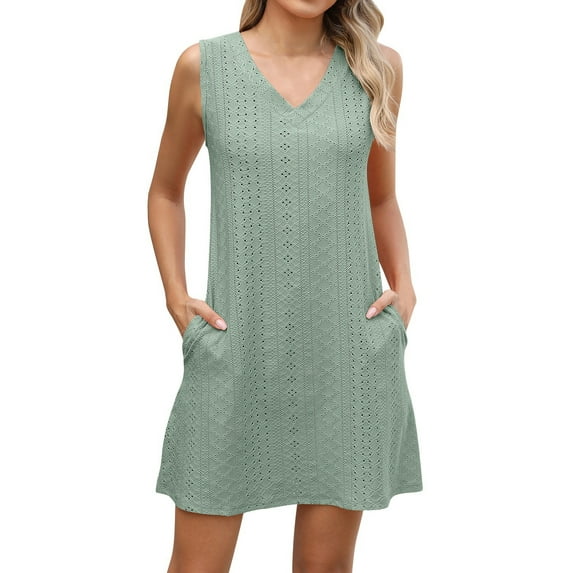 LNWUY Womens Summer Dresses Casual Beach Tank Eyelet Sleeveless Sundresses Solid Color V-Neck Loose Dress with Pockets Green S
