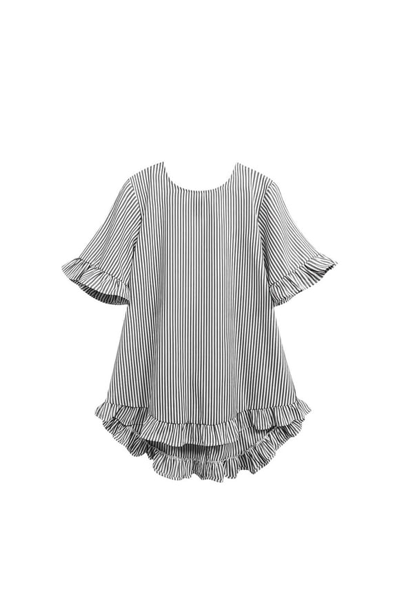 Womens Summer Tops Fashion Ruffled Short Sleeve Round Neck Button Peplum Shirts Spring Stripes Babydoll Blouses Black M