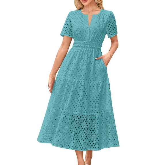 LNWUY Womens Trendy Summer Maxi Dress Short Sleeve V Neck Hollow Out Eyelet A Line Long Flowy Beach Vacation Dresses Green XXL
