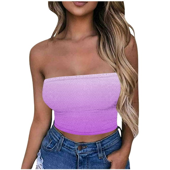 LNWUY Womens Tube Tops Going Out Summer Y2k Bandeau Trendy Crop Sleeveless Strapless Cute Gradient Color Printed Corset Purple S