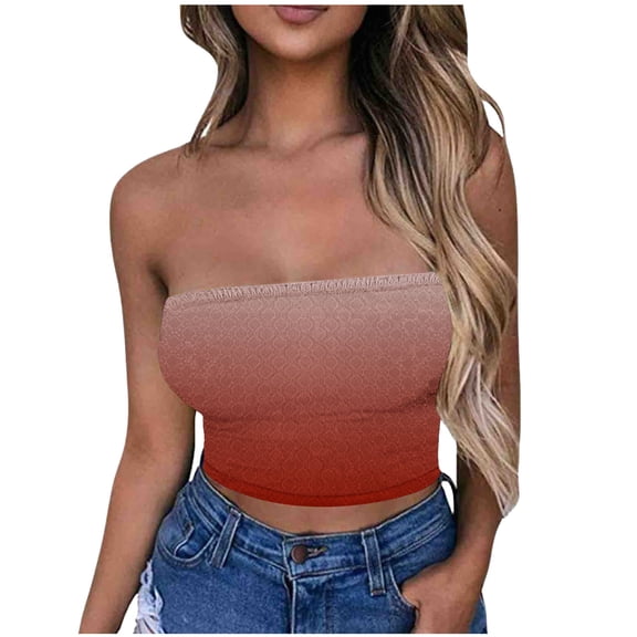 LNWUY Womens Tube Tops Going Out Summer Y2k Bandeau Trendy Crop Sleeveless Strapless Cute Gradient Color Printed Corset Red XL