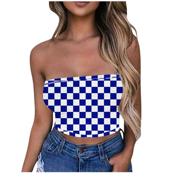LNWUY Womens Tube Tops Going Out Summer Y2k Bandeau Trendy Crop Sleeveless Strapless Cute Plaid Printed Corset Blue M