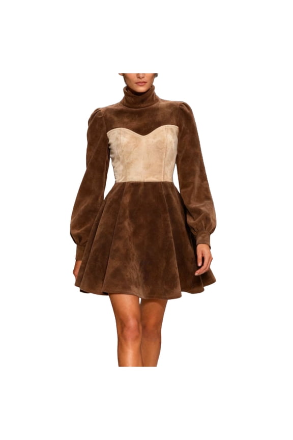 Womens Turtleneck Puff Sleeve A-Line Dress Suede Pleated Swing Casual Skirtall Fitted-Waist Flared Mini Dress Brown M