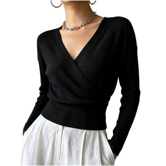 LNWUY Womens V Neck Wrap Ribbed Sweater Long Sleeve, Lightweight Knit Pullover Top, Solid Color Dressy Casual Fall Tops Black S