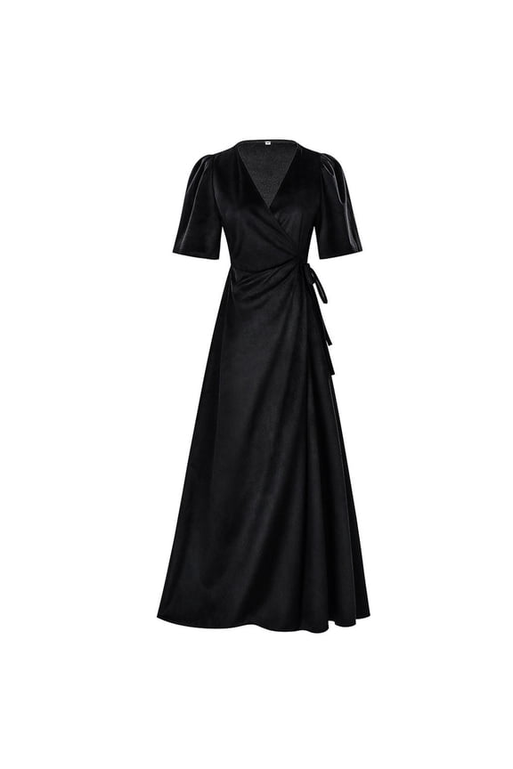 Womens Velvet High Waisted Maxi Dress Short Sleeves V Neck A-Line Slim Dresses for Wedding Holiday Party Black S