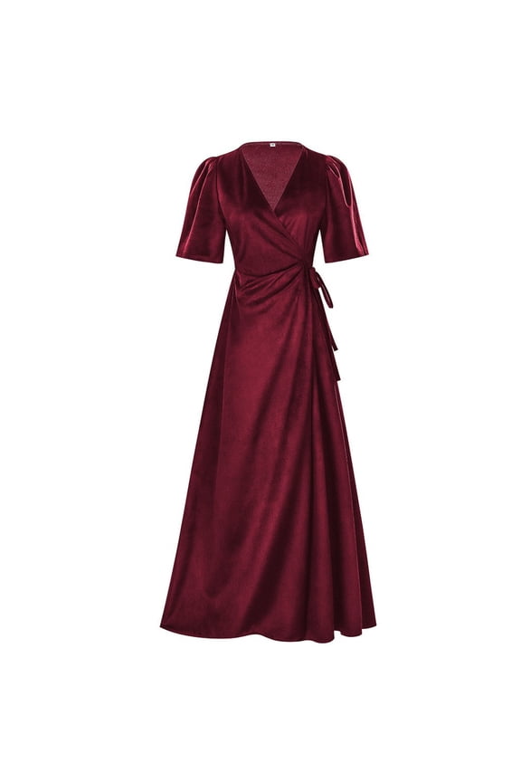 Womens Velvet High Waisted Maxi Dress Short Sleeves V Neck A-Line Slim Dresses for Wedding Holiday Party Red M