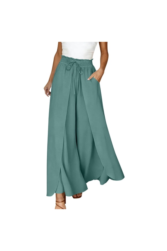 Womens Wide Leg Pants Flowy Side Split Palazzo Summer Solid Color Beach Pants Boho Drawstring High Waisted Trousers Blue XXL
