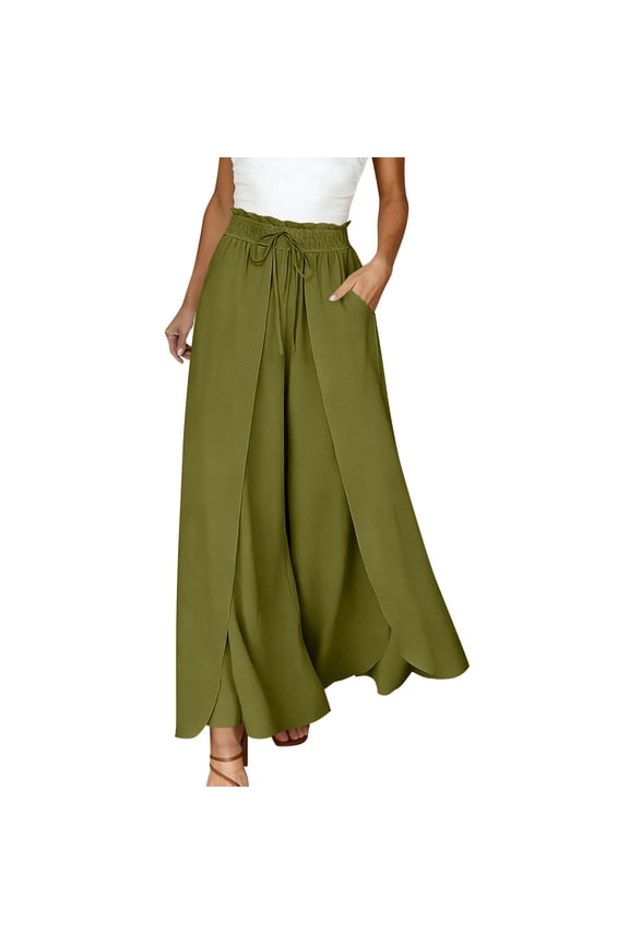 Womens Wide Leg Pants Flowy Side Split Palazzo Summer Solid Color Beach Pants Boho Drawstring High Waisted Trousers Green M