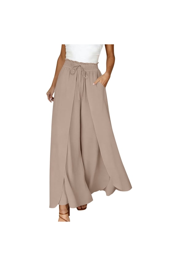 Womens Wide Leg Pants Flowy Side Split Palazzo Summer Solid Color Beach Pants Boho Drawstring High Waisted Trousers Yellow S