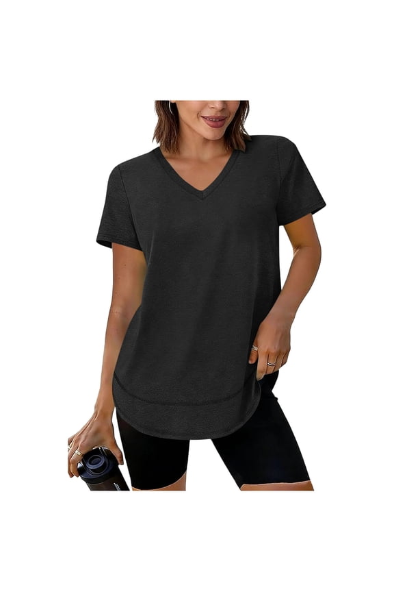 Womens Workout Tops V Neck Short Sleeve Shirts Lightweight Breathable Sun Protection UPF 50+ Quick Dry Outfits for Hiking Running Black S
