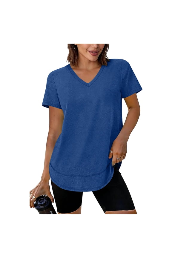 Womens Workout Tops V Neck Short Sleeve Shirts Lightweight Breathable Sun Protection UPF 50+ Quick Dry Outfits for Hiking Running Blue M