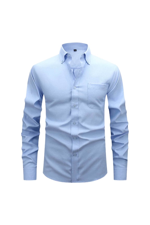 Wrinkle-Resistant Men's Lightweight Oxford Dress Shirts Long Sleeve Business Casual Solid Color Lapel Button Pocket Shirt Blue XXXL