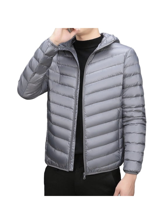 (XL-5XL) Plus Size Mens Lightweight Puffer Jacket Hooded Insulated Thermal Puffy Winter Jackets for Running Travel Gray XXXL