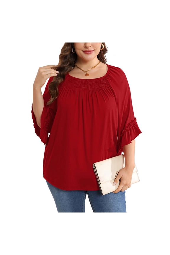 (XL-5XL)Womens Plus Size Tops 3/4 Ruffle Sleeve Shirts Crewneck Pleated Blouses Dressy Casual Fashion Tunic Top Red XXXXXL