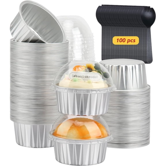 LNYZQUS Mini Cake Pans with Lids 100 Pack,Individual Foil Baking Tins,Disposable Mini Loaf Pans Small Cakes Tin Cupcake Containers for Bake Sale Wedding-White,6.8oz