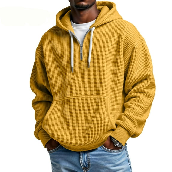 LNZGNM 1/4 Zip Pullover Men Waffle Solid Big and Tall Sweatshirts 1/4 Zipper Long Sleeve Drawstring Shirts with Pockets Athletic Outdoor Pullover,Yellow M