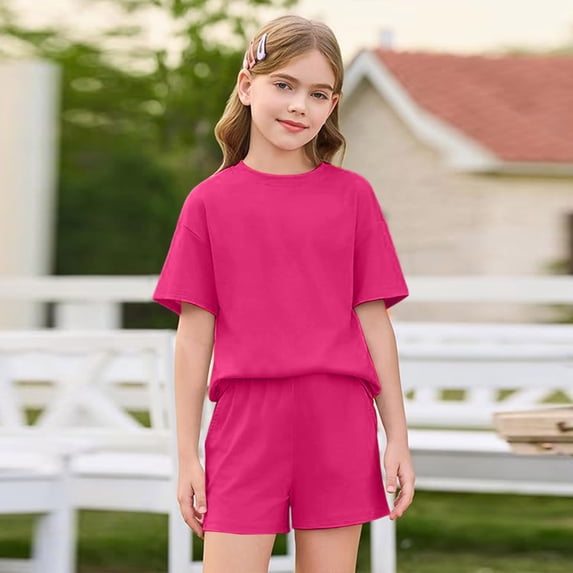 LNZGNM 2 Piece Summer Outfits with Pockets Oversized Cap Sleeve Top Shorts Set Elastic Waist Solid Color Clothing Sets for Sports, Hot Pink
